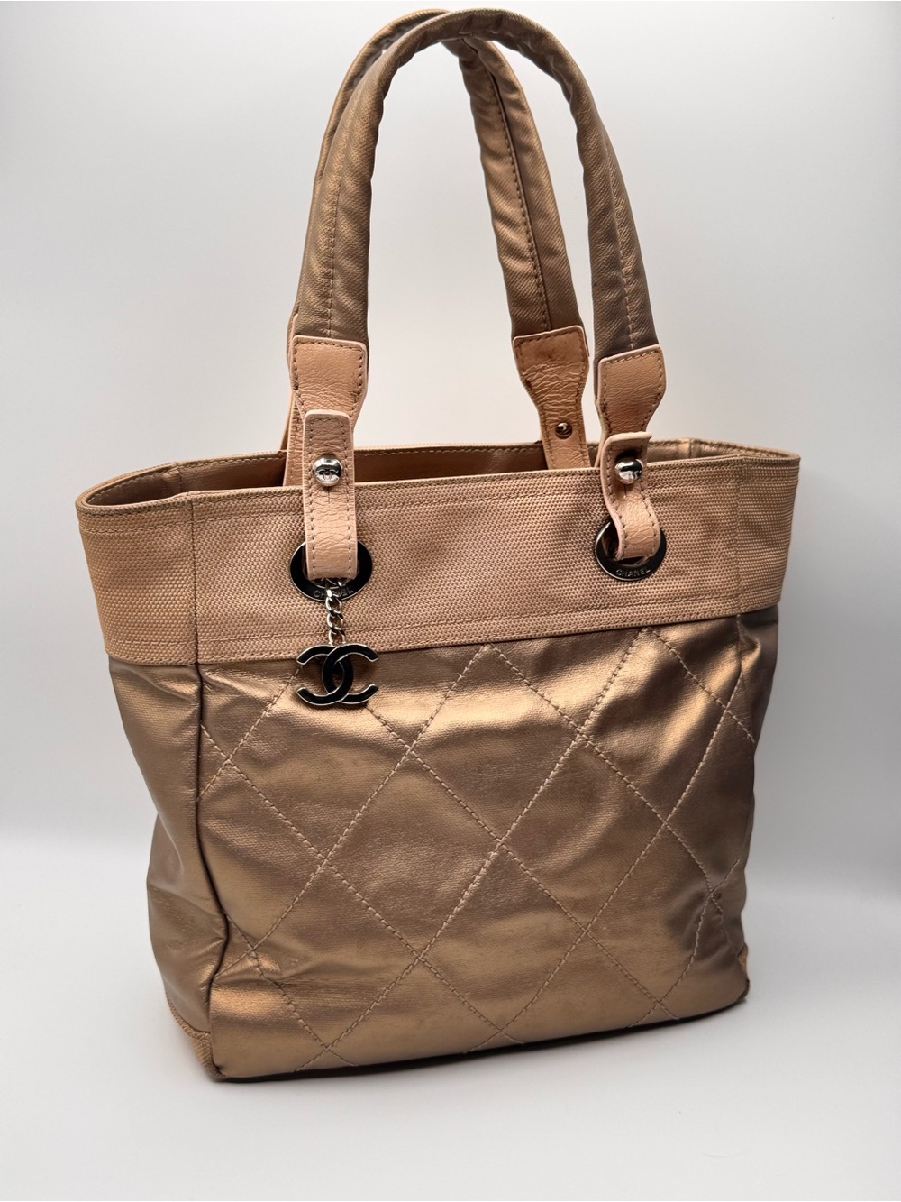 Chanel Paris-Biarritz Tote | Gold Nylon Canvas | CC Charm | Quilted